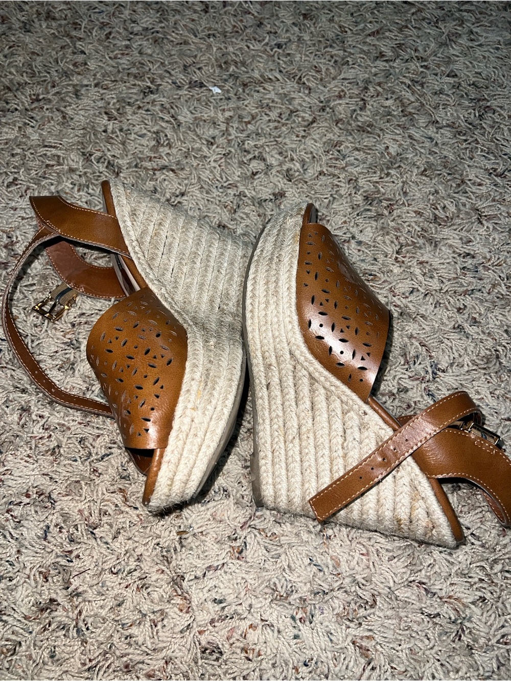 Black Rivet Cognac Laser-Cut Espadrille Wedge Sandals